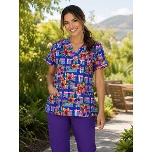 Scrub Station VS Collection Women Large Scrub Top Tropical Floral Plaid V-Neck